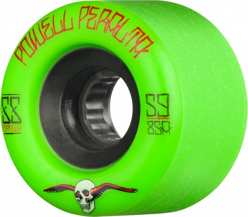 A POWELL PERALTA G-SLIDES 56MM GREEN skateboard wheel with a skull on it, known for its slide-ability and roll speed.