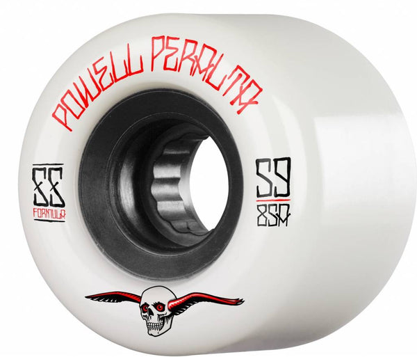 A white POWELL PERALTA skateboard wheel with a skull on it, offering outstanding slide-ability for G-Slides enthusiasts.