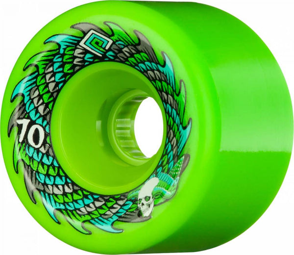A POWELL PERALTA SOFT SLIDE OFFSET GREEN 75A skateboard wheel with a blue and green design.