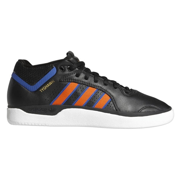A black and orange ADIDAS TYSHAWN "KNICKS" BLACK / ORANGE / TEAM ROYAL BLUE shoe by ADIDAS.