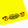 A yellow t-shirt with a no smoking sign on it and a Bluetile Skateboards rubber ducky.