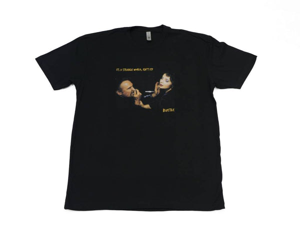 A Bluetile Skateboards "STRANGE WORLD" T-SHIRT BLACK with an image of a man and a woman.