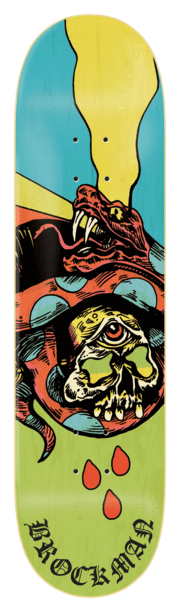 A skateboard deck called ZERO BROCKMAN BOSS DOG 2 8.25 from the brand ZERO, featuring colorful, detailed artwork of a monstrous creature with sharp teeth and an exposed eye with "Brockman" written at the bottom.