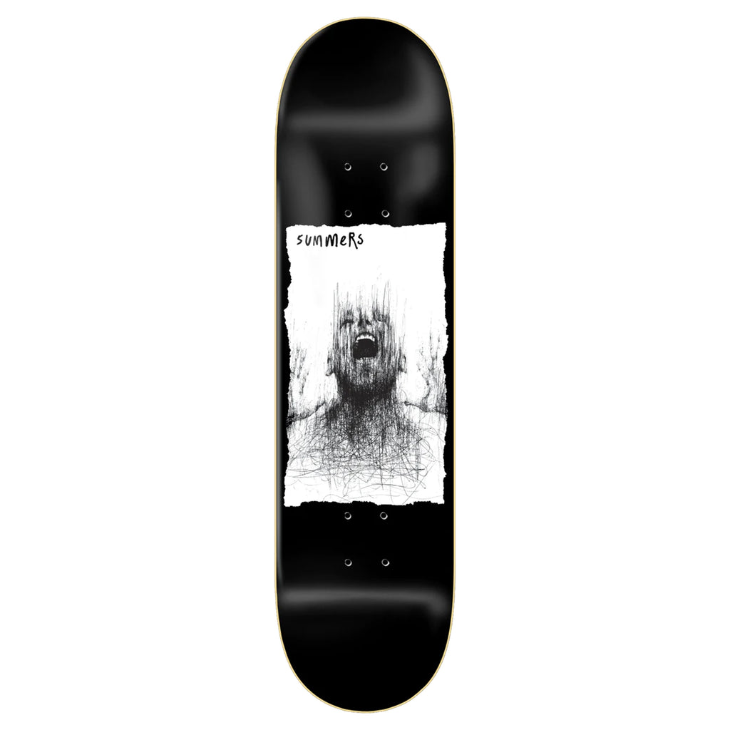 a black skateboard with a picture of a man on it.