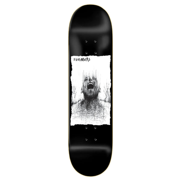 a black skateboard with a picture of a man on it.